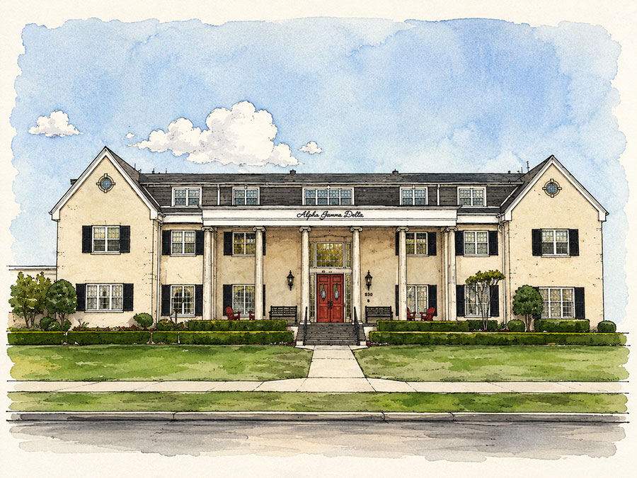 Watercolor illustration of the Alpha Gamma Delta house at the University of Oklahoma